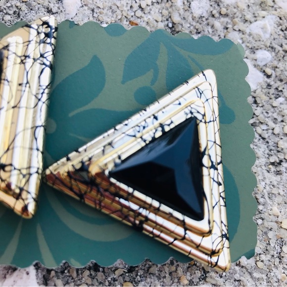 Vintage 80’s Gold Tone And Black Marbled Triangular Post 1.75 in Earrings - Picture 11 of 15